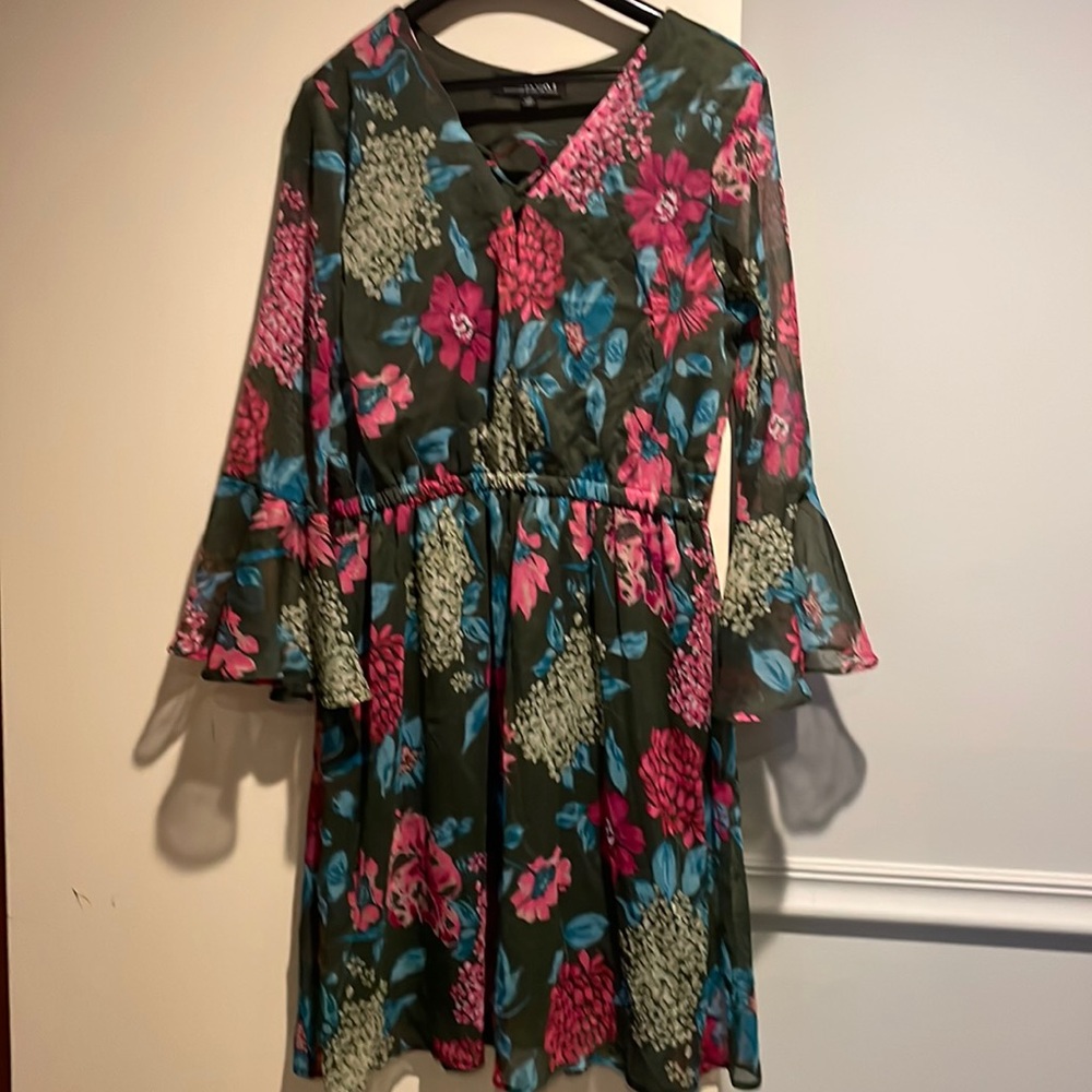Olive green floral long sleeve dress with bell sleeves